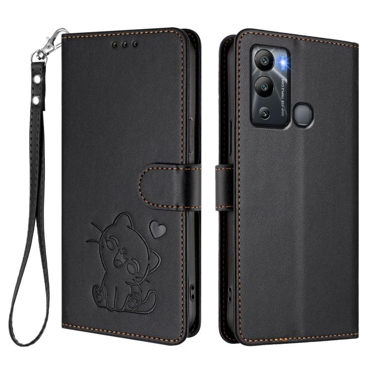 For Infinix Hot 12i / 20i Embossed Heart Cat Leather Phone Case with Hand Strap