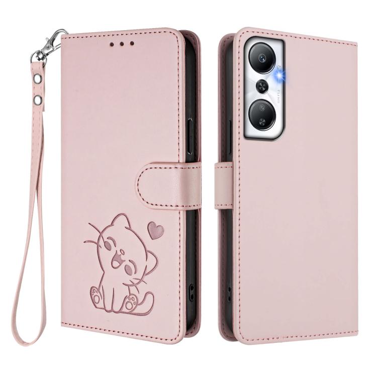 For Infinix Hot 20 4G Embossed Heart Cat Leather Phone Case with Hand Strap