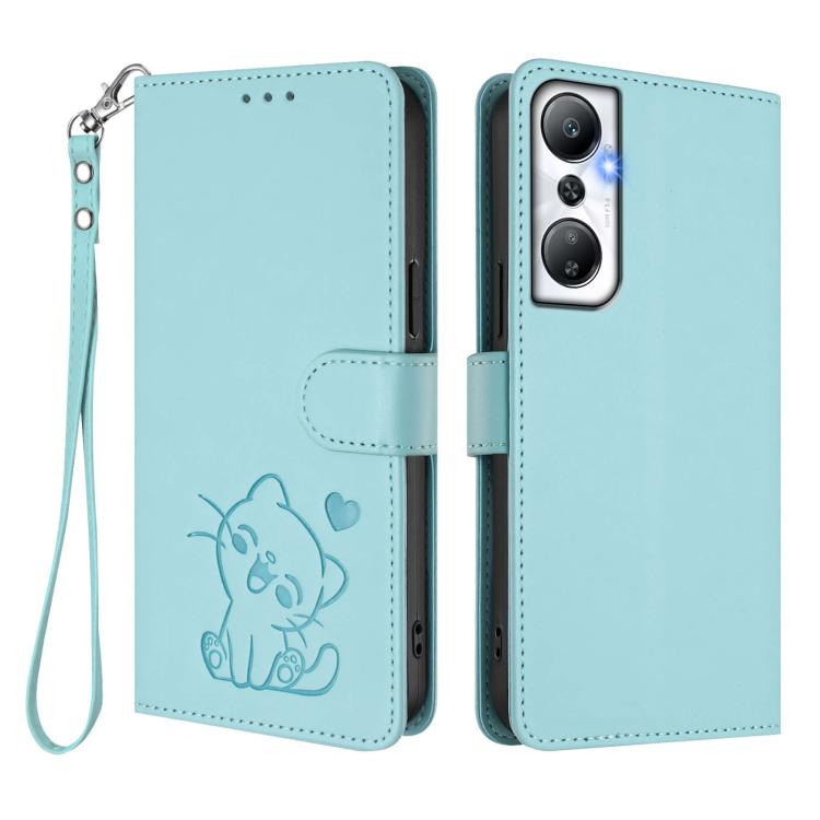 For Infinix Hot 20 4G Embossed Heart Cat Leather Phone Case with Hand Strap