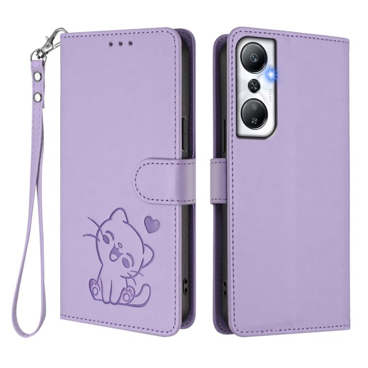 For Infinix Hot 20 4G Embossed Heart Cat Leather Phone Case with Hand Strap