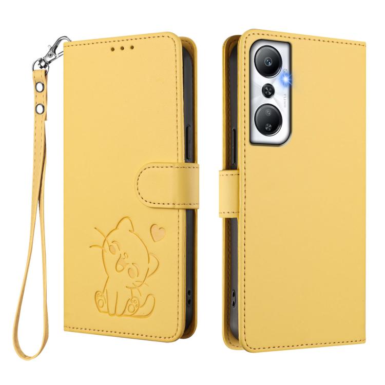 For Infinix Hot 20 4G Embossed Heart Cat Leather Phone Case with Hand Strap