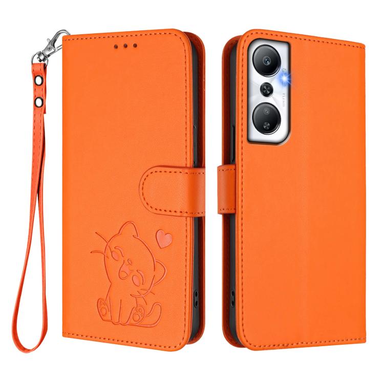 For Infinix Hot 20 4G Embossed Heart Cat Leather Phone Case with Hand Strap