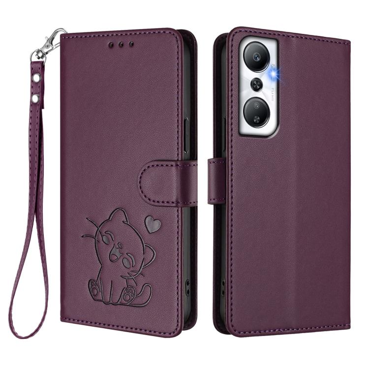For Infinix Hot 20 4G Embossed Heart Cat Leather Phone Case with Hand Strap