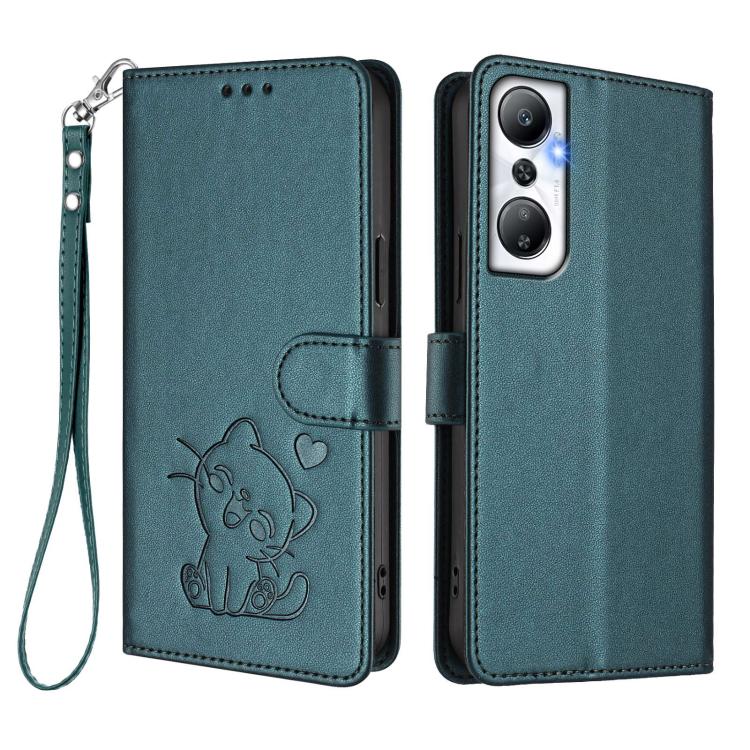 For Infinix Hot 20 4G Embossed Heart Cat Leather Phone Case with Hand Strap