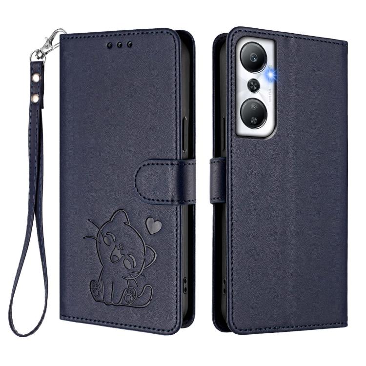 For Infinix Hot 20 4G Embossed Heart Cat Leather Phone Case with Hand Strap