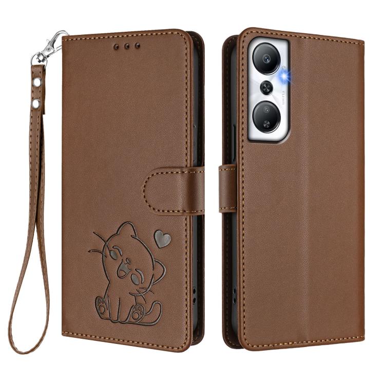 For Infinix Hot 20 4G Embossed Heart Cat Leather Phone Case with Hand Strap