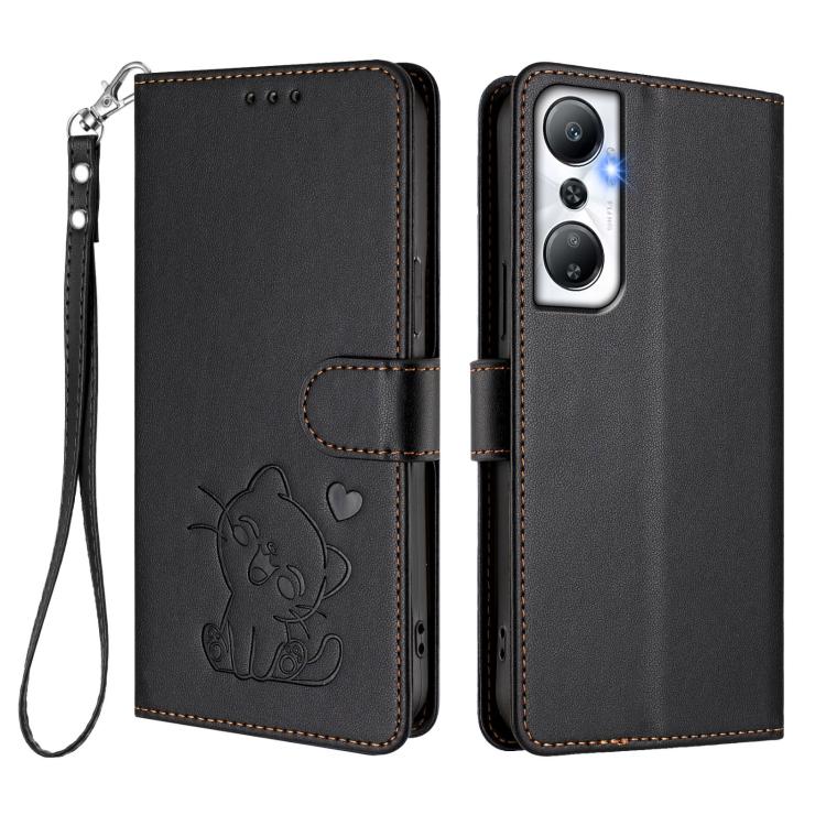 For Infinix Hot 20 4G Embossed Heart Cat Leather Phone Case with Hand Strap