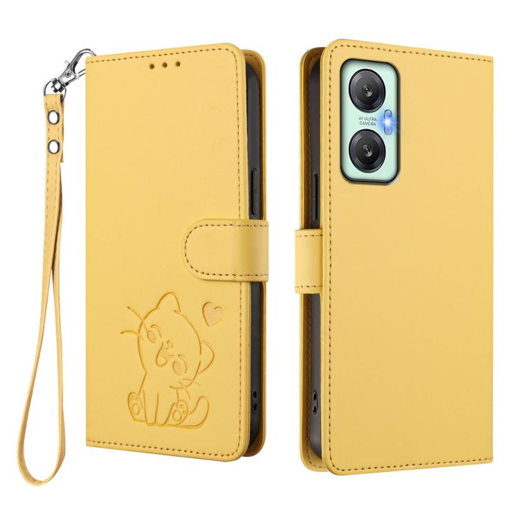 For Infinix Hot 20 5G Embossed Heart Cat Leather Phone Case with Hand Strap