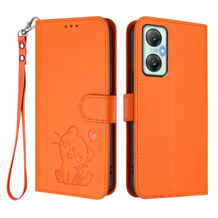 For Infinix Hot 20 5G Embossed Heart Cat Leather Phone Case with Hand Strap