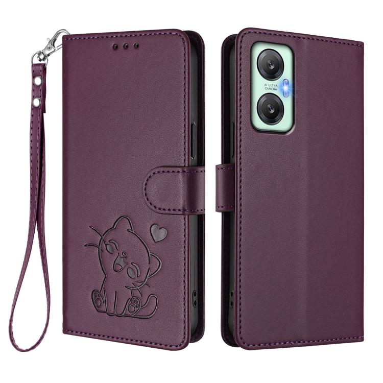 For Infinix Hot 20 5G Embossed Heart Cat Leather Phone Case with Hand Strap