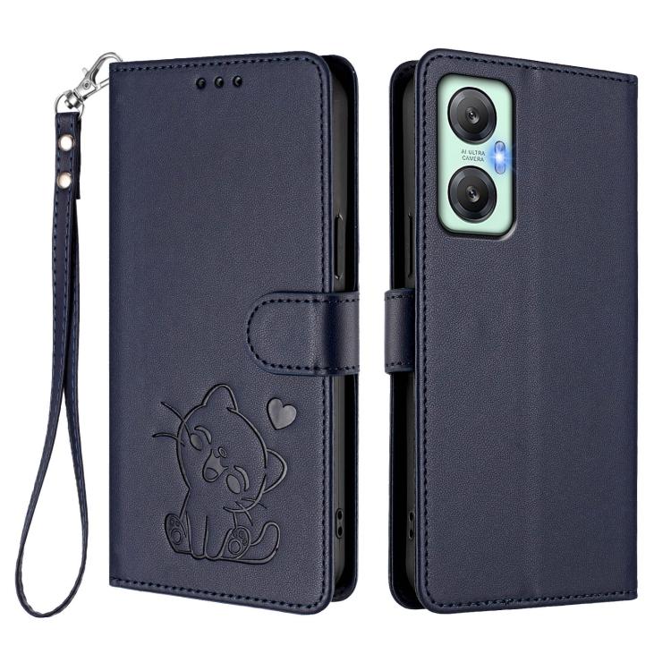 For Infinix Hot 20 5G Embossed Heart Cat Leather Phone Case with Hand Strap