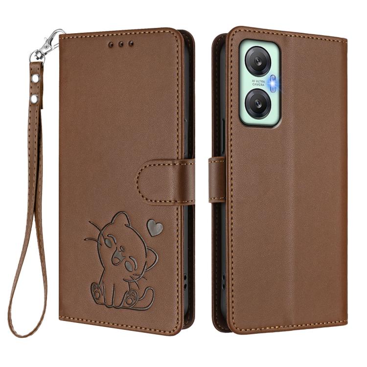 For Infinix Hot 20 5G Embossed Heart Cat Leather Phone Case with Hand Strap