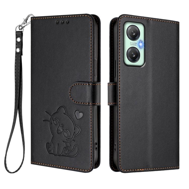 For Infinix Hot 20 5G Embossed Heart Cat Leather Phone Case with Hand Strap