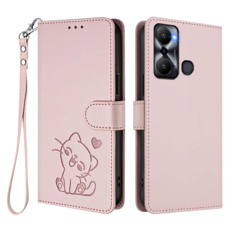 For Infinix Hot 20 Play Embossed Heart Cat Leather Phone Case with Hand Strap