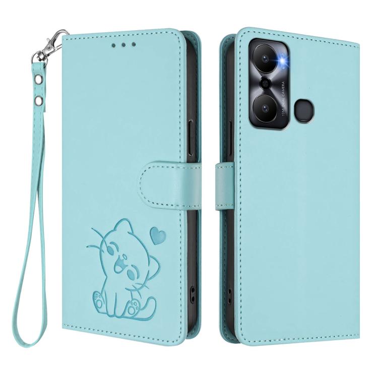 For Infinix Hot 20 Play Embossed Heart Cat Leather Phone Case with Hand Strap