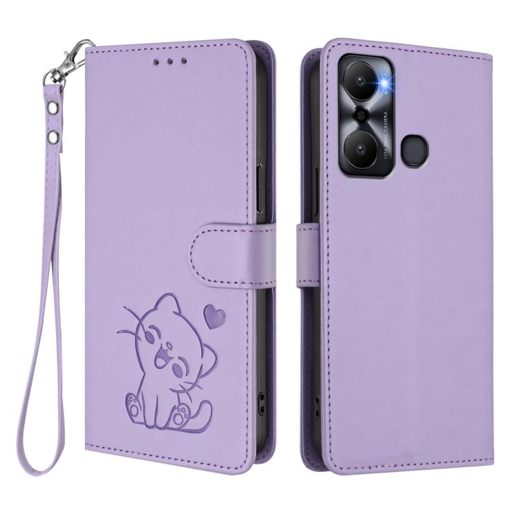 For Infinix Hot 20 Play Embossed Heart Cat Leather Phone Case with Hand Strap