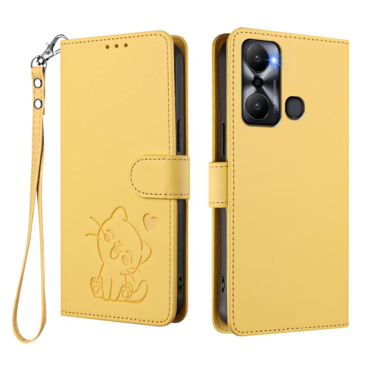 For Infinix Hot 20 Play Embossed Heart Cat Leather Phone Case with Hand Strap