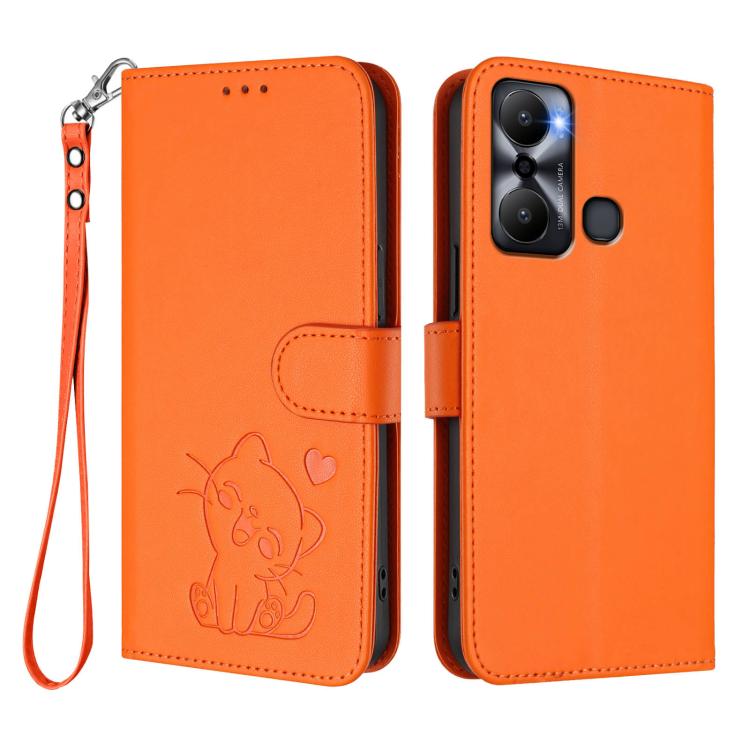 For Infinix Hot 20 Play Embossed Heart Cat Leather Phone Case with Hand Strap