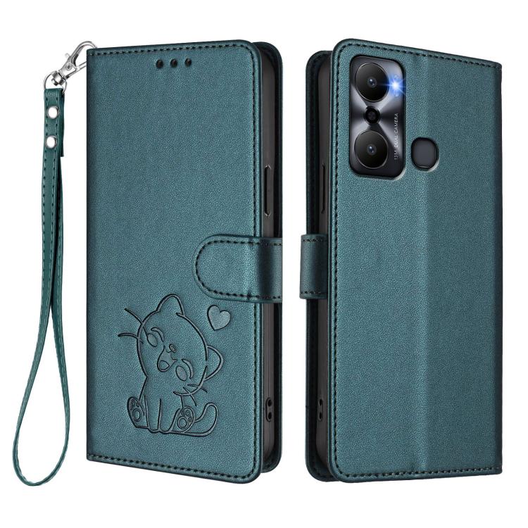 For Infinix Hot 20 Play Embossed Heart Cat Leather Phone Case with Hand Strap