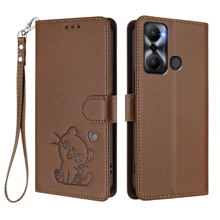 For Infinix Hot 20 Play Embossed Heart Cat Leather Phone Case with Hand Strap