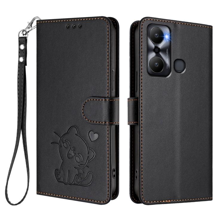 For Infinix Hot 20 Play Embossed Heart Cat Leather Phone Case with Hand Strap