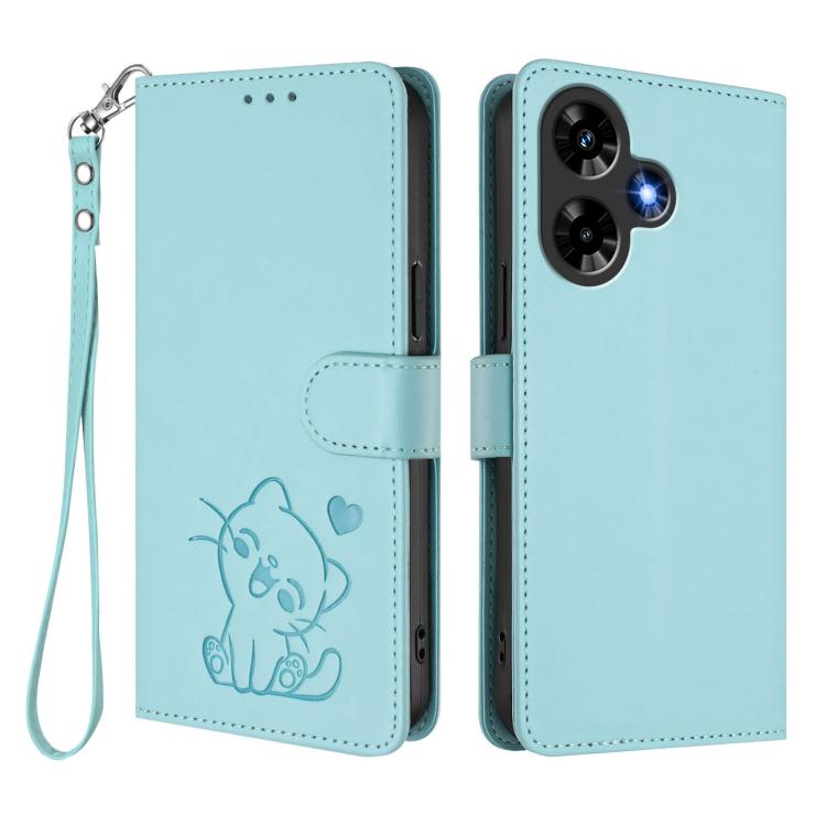 For Infinix Hot 30 4G Embossed Heart Cat Leather Phone Case with Hand Strap