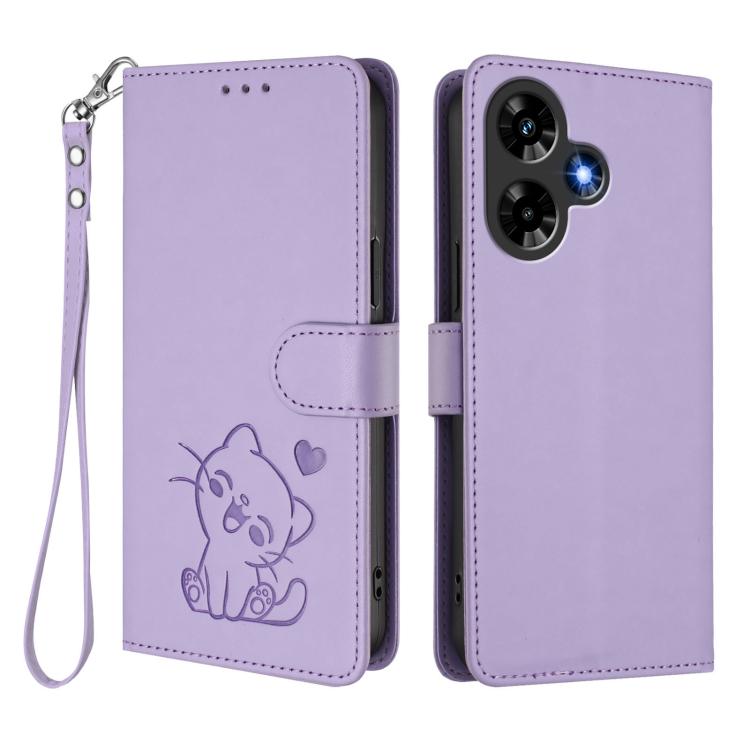 For Infinix Hot 30 4G Embossed Heart Cat Leather Phone Case with Hand Strap