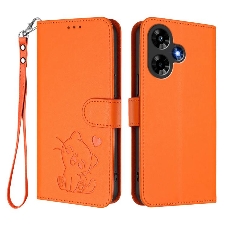 For Infinix Hot 30 4G Embossed Heart Cat Leather Phone Case with Hand Strap
