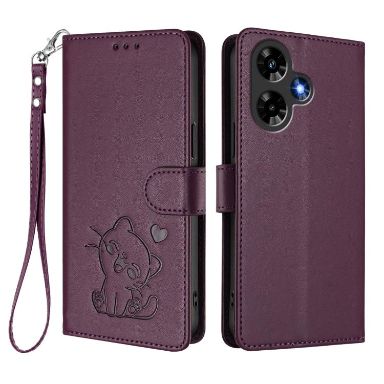 For Infinix Hot 30 4G Embossed Heart Cat Leather Phone Case with Hand Strap