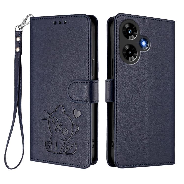 For Infinix Hot 30 4G Embossed Heart Cat Leather Phone Case with Hand Strap