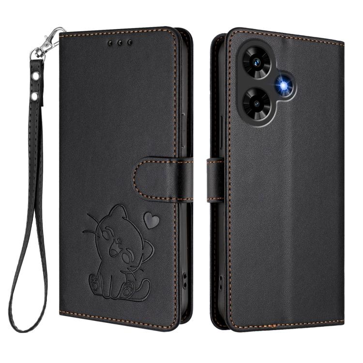 For Infinix Hot 30 4G Embossed Heart Cat Leather Phone Case with Hand Strap