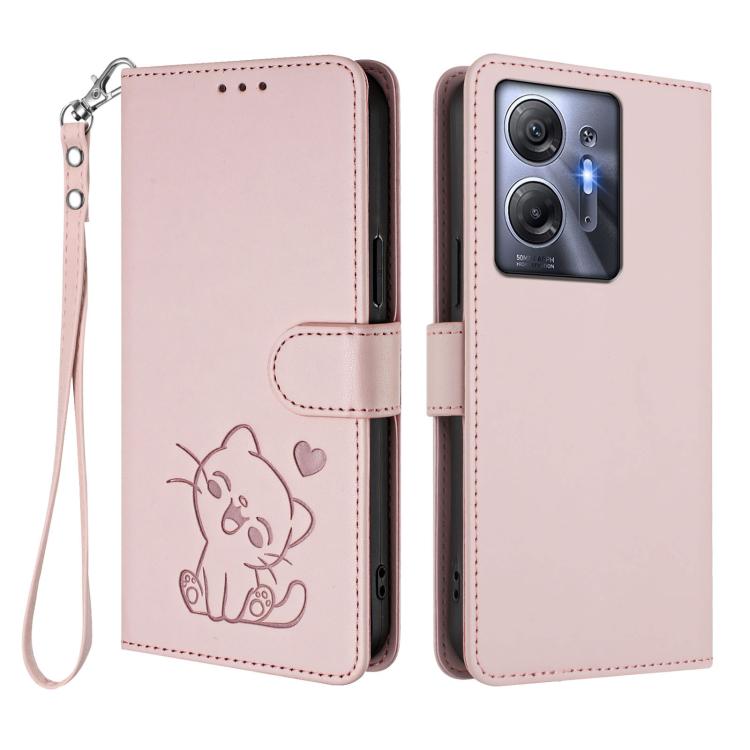 For Infinix Hot 30 5G Embossed Heart Cat Leather Phone Case with Hand Strap