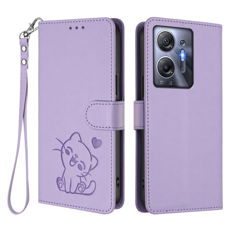 For Infinix Hot 30 5G Embossed Heart Cat Leather Phone Case with Hand Strap