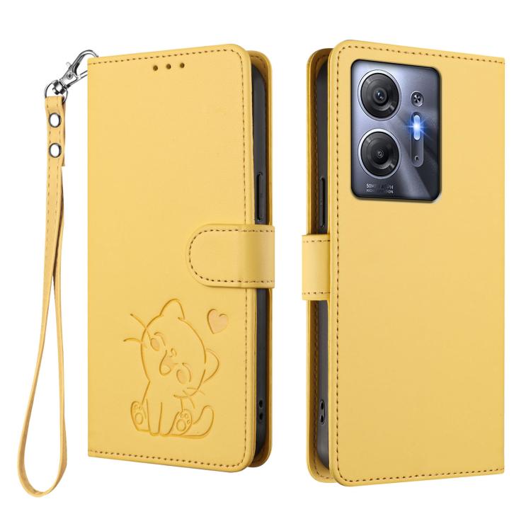 For Infinix Hot 30 5G Embossed Heart Cat Leather Phone Case with Hand Strap