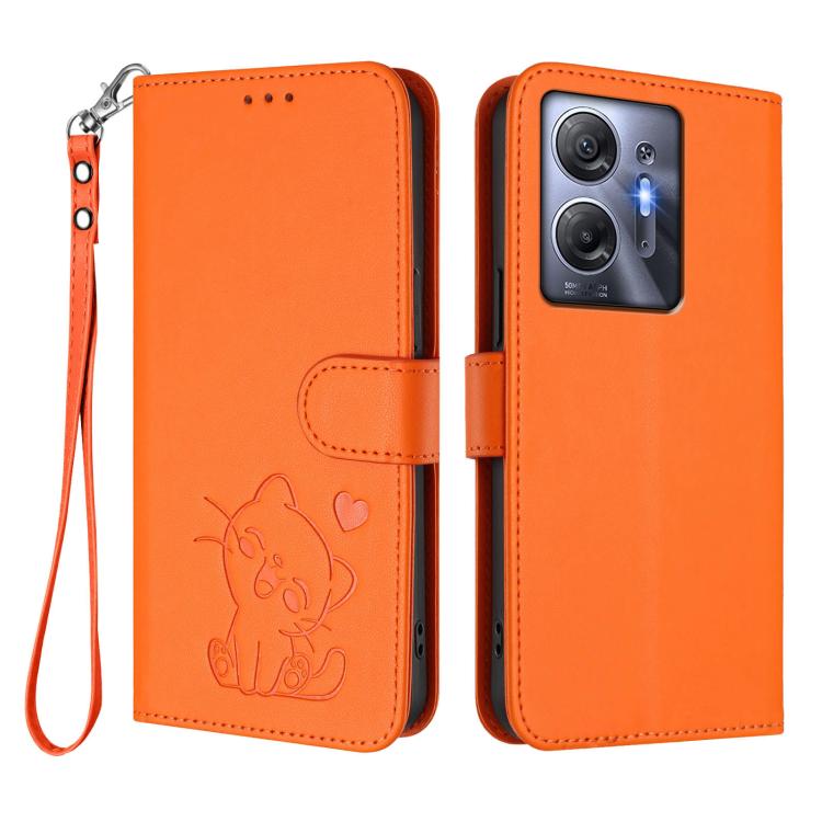 For Infinix Hot 30 5G Embossed Heart Cat Leather Phone Case with Hand Strap