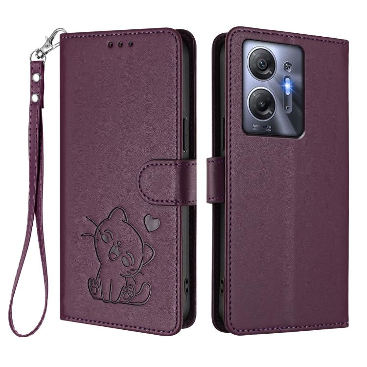 For Infinix Hot 30 5G Embossed Heart Cat Leather Phone Case with Hand Strap