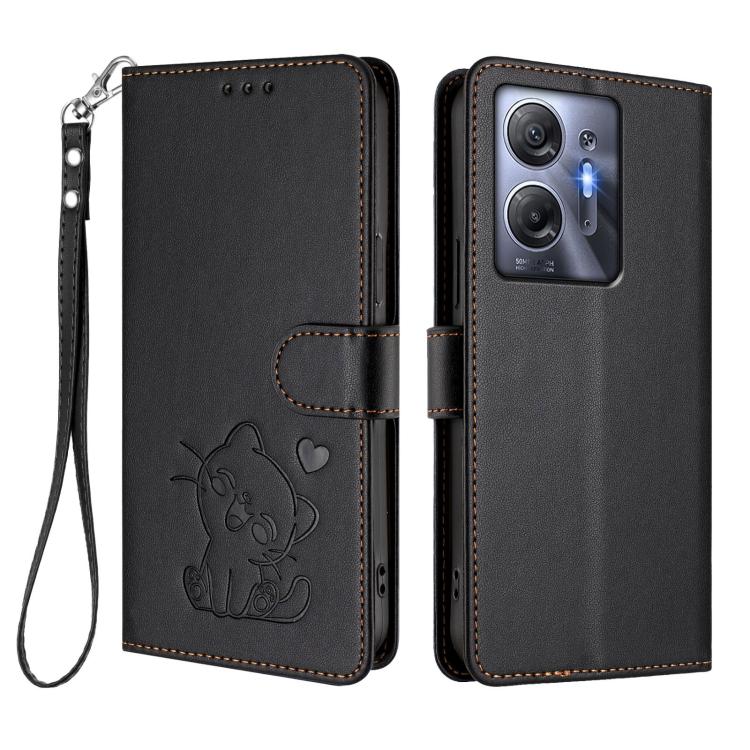 For Infinix Hot 30 5G Embossed Heart Cat Leather Phone Case with Hand Strap