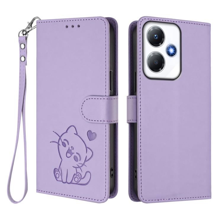 For Infinix Hot 30 Play 4G / NFC 4G Embossed Heart Cat Leather Phone Case with Hand Strap