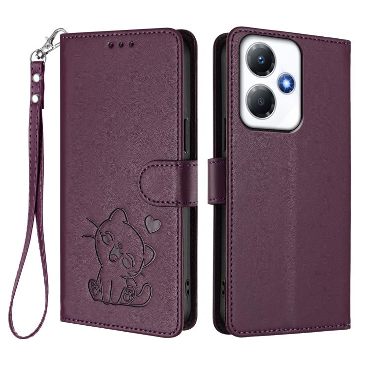 For Infinix Hot 30 Play 4G / NFC 4G Embossed Heart Cat Leather Phone Case with Hand Strap