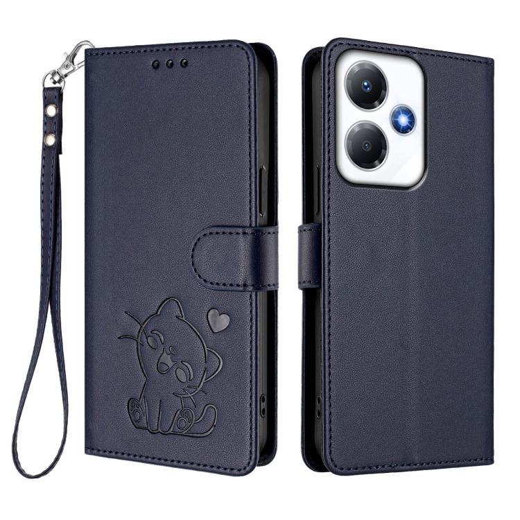 For Infinix Hot 30 Play 4G / NFC 4G Embossed Heart Cat Leather Phone Case with Hand Strap