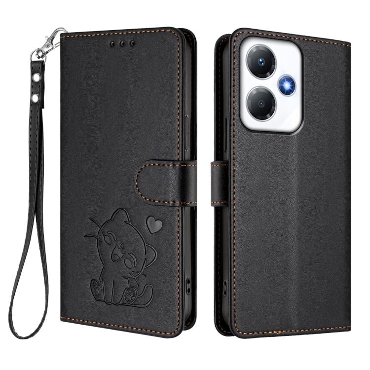 For Infinix Hot 30 Play 4G / NFC 4G Embossed Heart Cat Leather Phone Case with Hand Strap