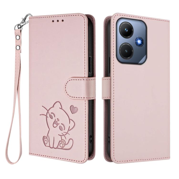 For Infinix Hot 30i / X669 Embossed Heart Cat Leather Phone Case with Hand Strap
