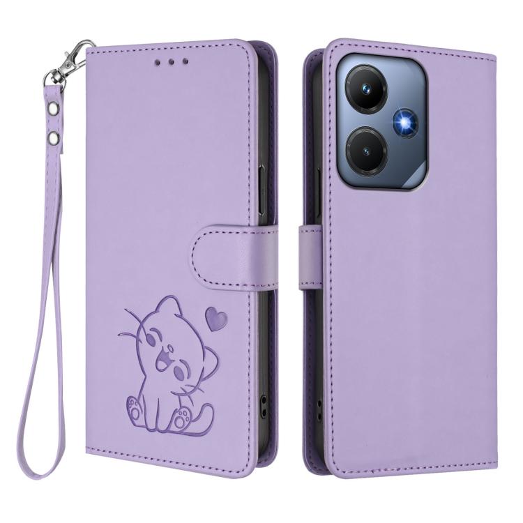 For Infinix Hot 30i / X669 Embossed Heart Cat Leather Phone Case with Hand Strap