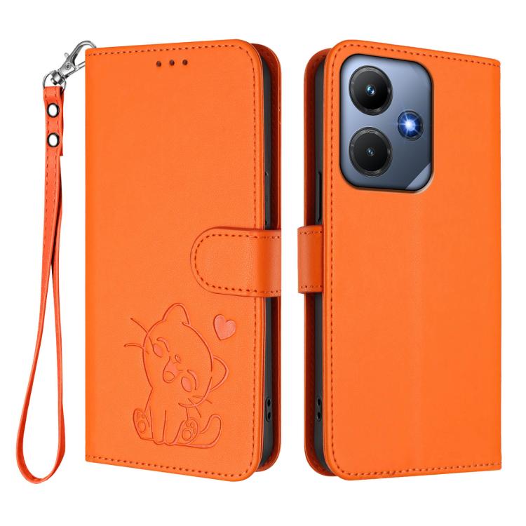 For Infinix Hot 30i / X669 Embossed Heart Cat Leather Phone Case with Hand Strap