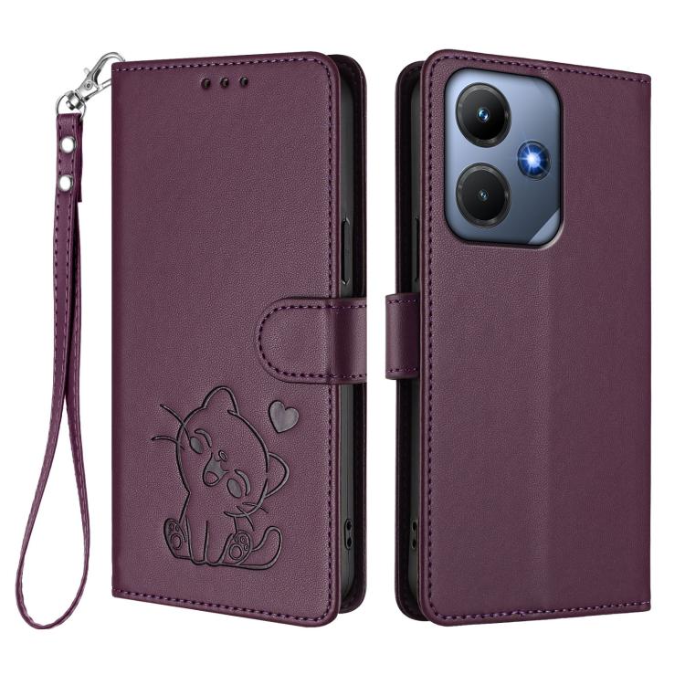For Infinix Hot 30i / X669 Embossed Heart Cat Leather Phone Case with Hand Strap
