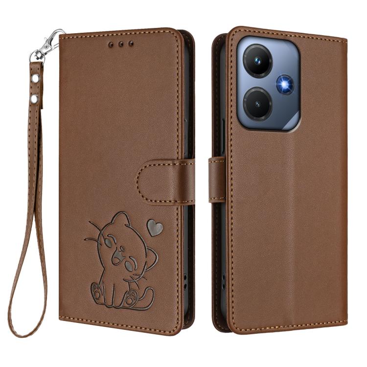 For Infinix Hot 30i / X669 Embossed Heart Cat Leather Phone Case with Hand Strap