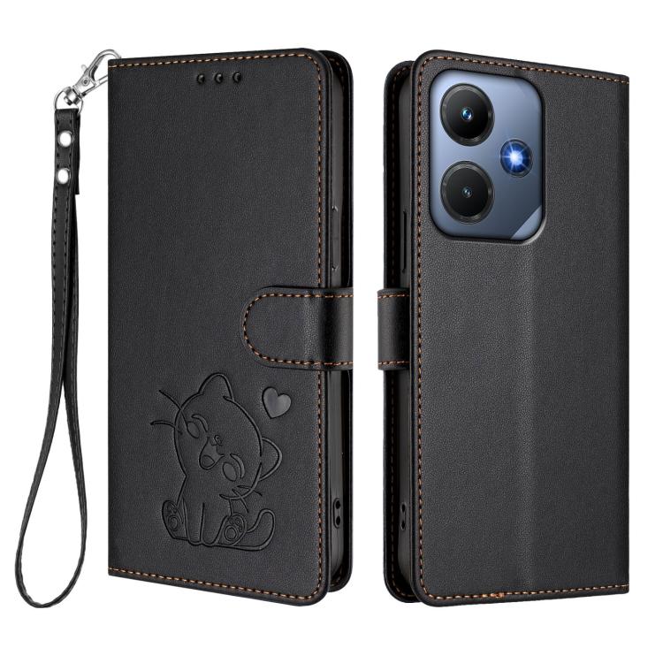 For Infinix Hot 30i / X669 Embossed Heart Cat Leather Phone Case with Hand Strap