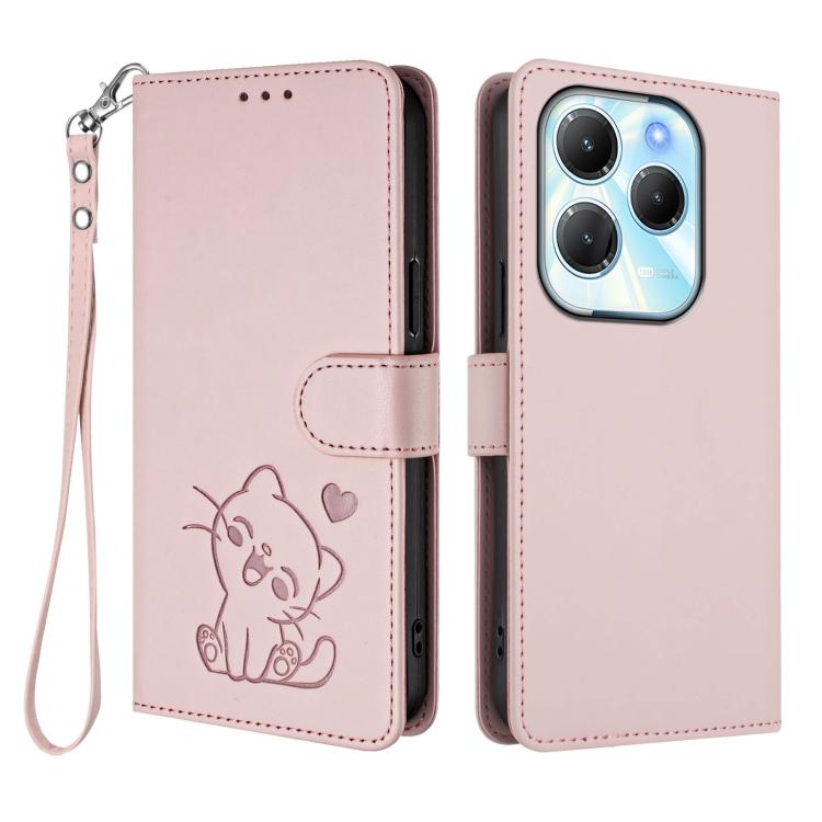 For Infinix Hot 40 4G / 40 Pro 4G Embossed Heart Cat Leather Phone Case with Hand Strap