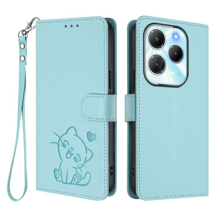 For Infinix Hot 40 4G / 40 Pro 4G Embossed Heart Cat Leather Phone Case with Hand Strap