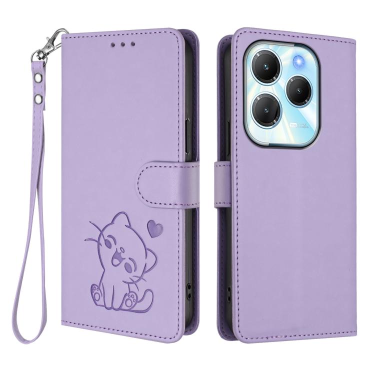 For Infinix Hot 40 4G / 40 Pro 4G Embossed Heart Cat Leather Phone Case with Hand Strap